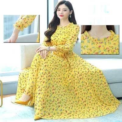 Chines Long sleevae Long Kurti Yellow Color Screen Print Icon