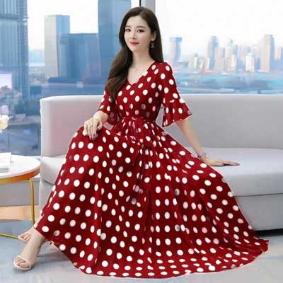 Stylish Linen Dot Print Fabric Short sleeve Long Kurti Maroon