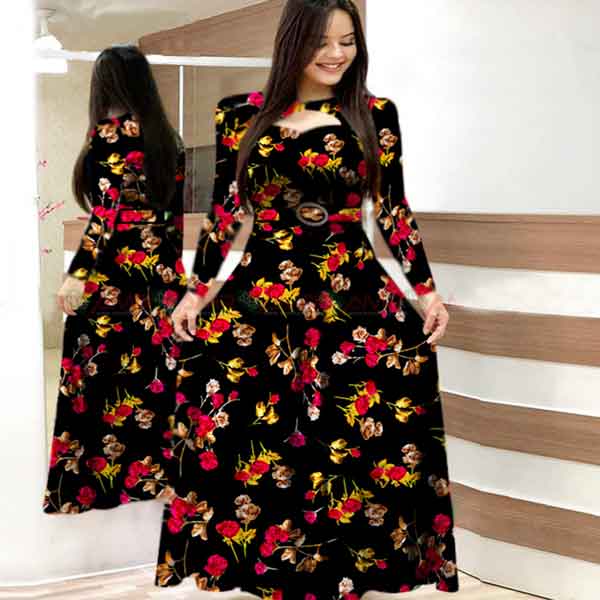 Stylish Digital Rose Print long Kurti Ladies Jama Black 304 Icon