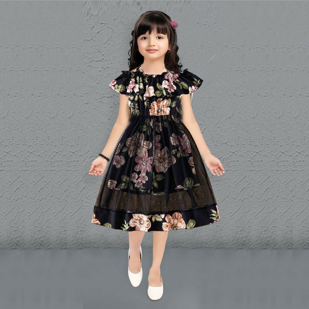 Flower Gown Elegant Floral Fit & Flare Cold Shoulder Ruffle Trim Contrast Mesh Party Dress For Baby Girls 1730