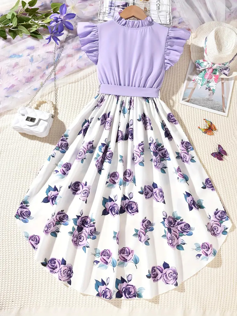 Fashionable Girls Floral Splicing Dress with Ruffled Detail & Adjustable Belt 1731