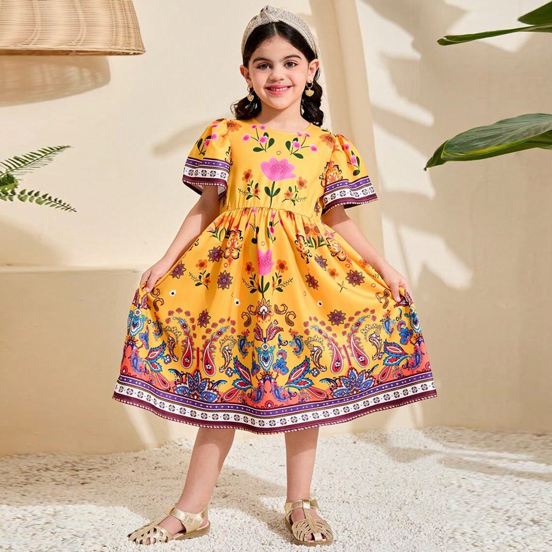 Boho Blossom – Bright Yellow Floral & Border Print Dress for Kids 1776  ৳1350 ৳850
