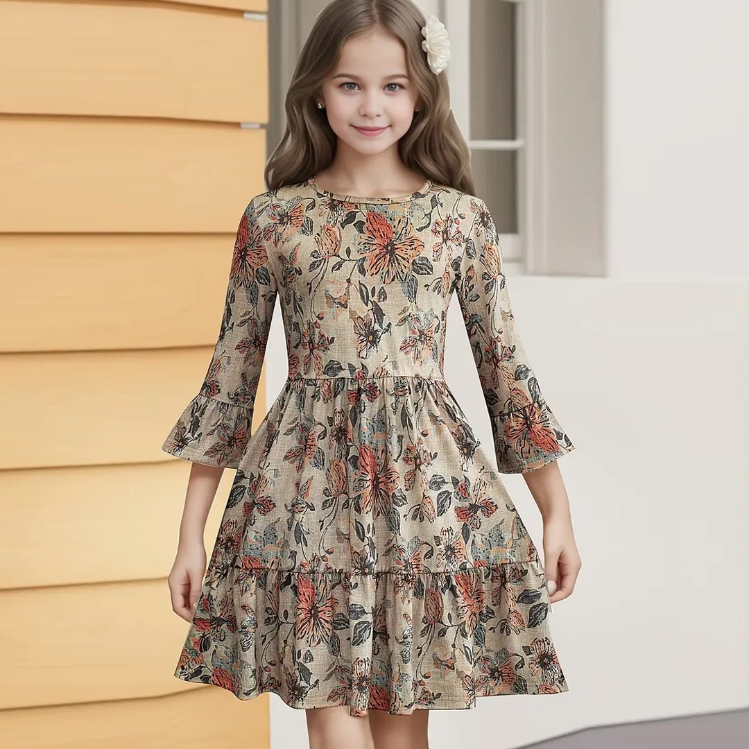 Boho Blossom – Bright Yellow Floral & Border Print Dress for Kids 1777