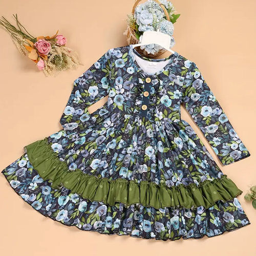 Girls Twirl Dress - Purple Floral Ruffle Party Dress with Buttons 1774