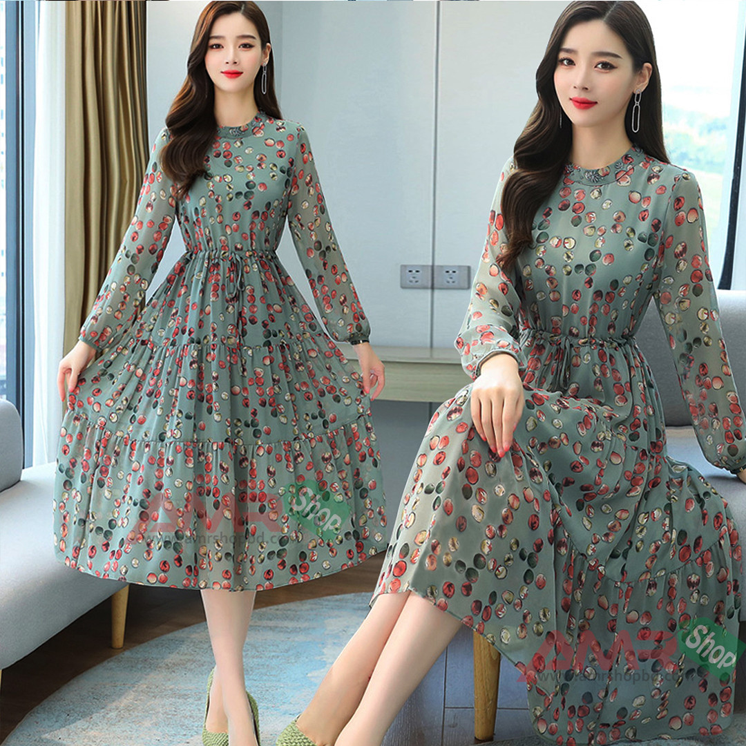 3D Screen Print Women High Quality Semi Long, Long sleeve Kurti Green Ash
