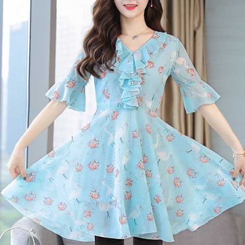 Stylish China Linen Fabric Screen Print Short Kurti, Sky Icon