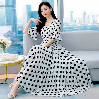 Stylish Linen Dot Print Fabric Short sleeve Long Kurti White
