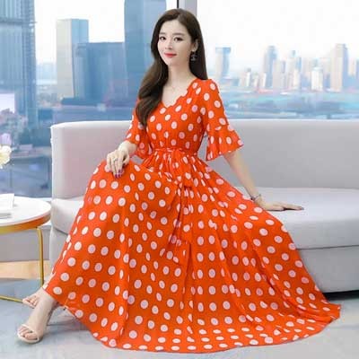 Stylish Linen Dot Print Fabric Short sleeve Long Kurti Orange Icon