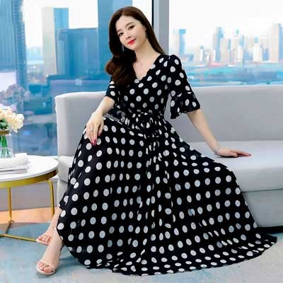 Stylish Linen Dot Print Fabric Short sleeve Long Kurti Black Icon