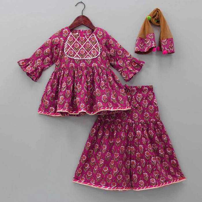 Vibrant Blossom Ensemble: Multicolor Floral Full sleeve tops with Sharara And Matching Dupatta 1906