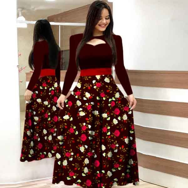 Stylish Rose Print color contrast long Kurti Blue 313