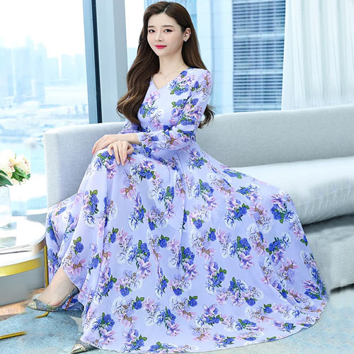 Stylish Muslim Long Gown Boho Floral Chiffon Dress Long Sleeve For Women 1544