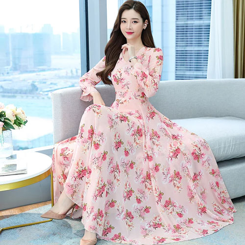 Stylish Muslim Long Gown Boho Floral Chiffon Dress Long Sleeve For Women 1543