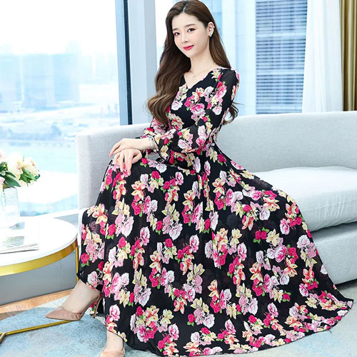 Stylish Muslim Long Gown Boho Floral Chiffon Dress Long Sleeve For Women 1541