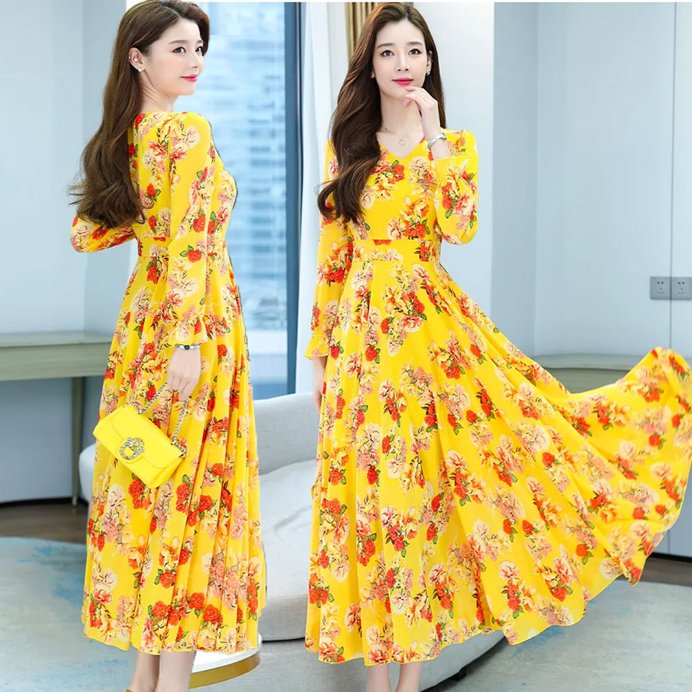 Stylish Muslim Long Gown Boho Floral Chiffon Dress Long Sleeve For Women 1542