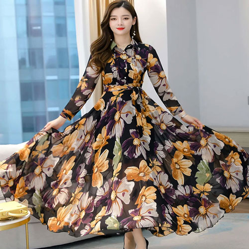Female Elegant Party Evening Casual Print Gown Dress Long Sleeve For Women 1608