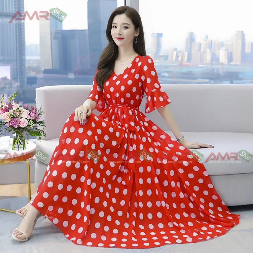 Stylish Linen Dot Print Fabric Short sleeve Long Kurti Red 18440