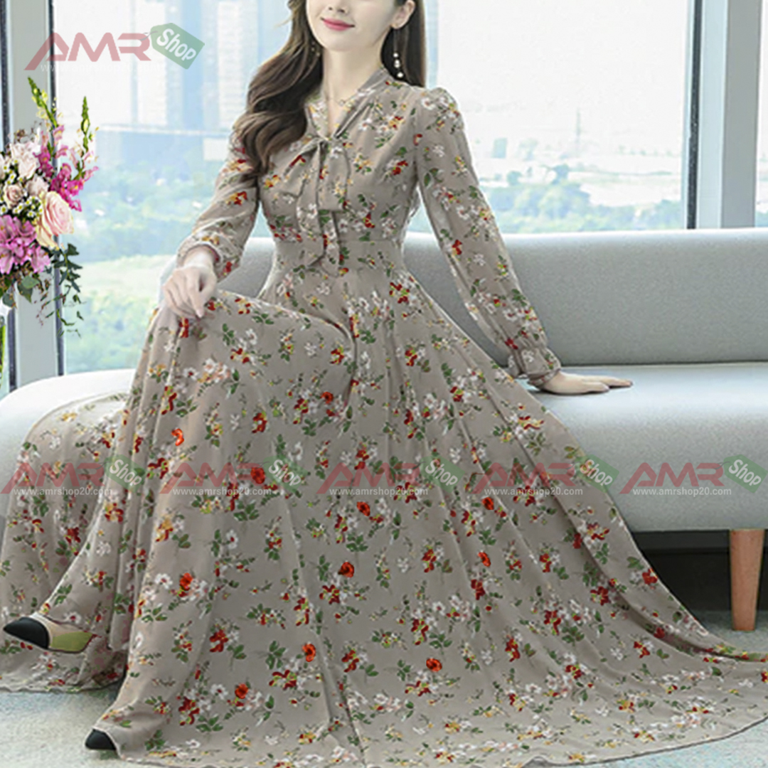 Chines Long sleevae Long Kurti Gray Color Screen Print 9376