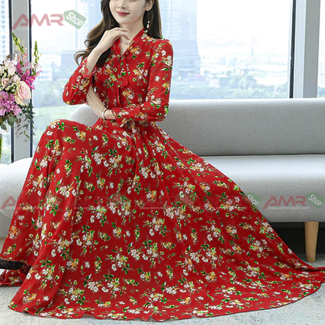 Chines Long sleevae Long Kurti Red Color Screen Print 9377