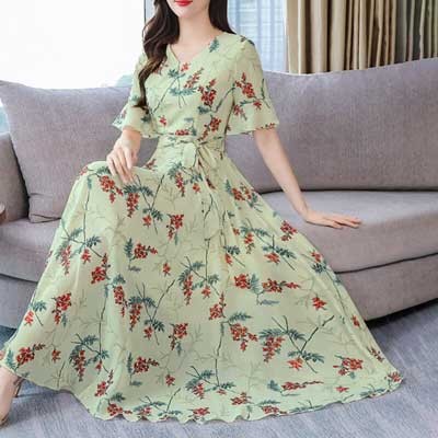 Chines Short Sleeve Long Kurti Cream Color Screen Print 17873