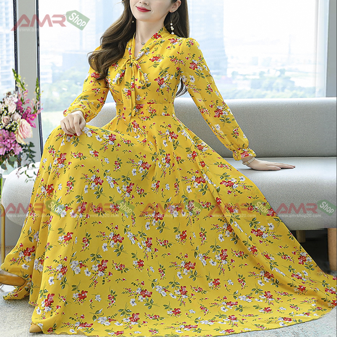 Chines Long sleevae Long Kurti Yellow Color Screen Print 9374
